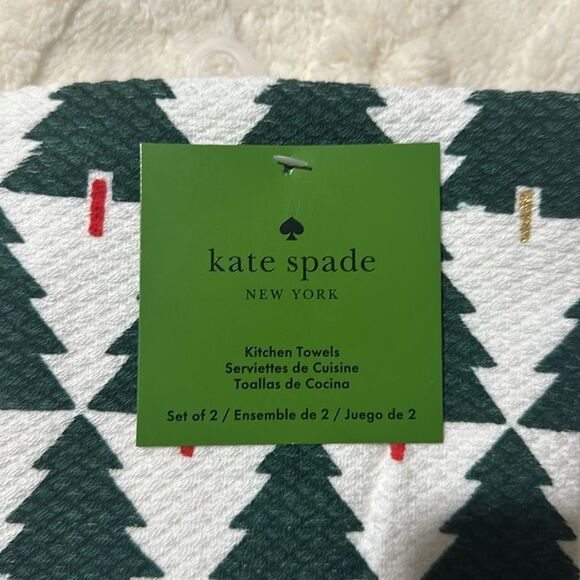 kate spade 2 Cotton White Green Red Gold Metallic Christmas Tree Kitchen Towels - Picture 6 of 8